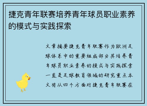 捷克青年联赛培养青年球员职业素养的模式与实践探索
