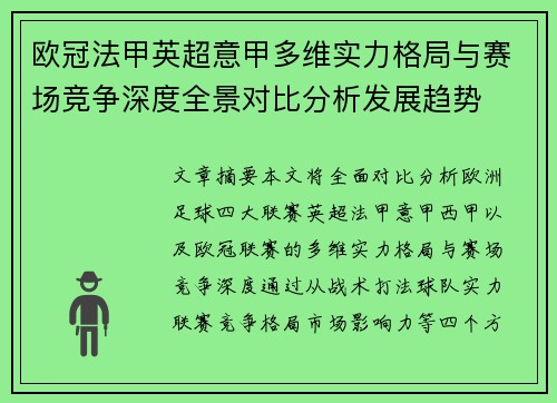 欧冠法甲英超意甲多维实力格局与赛场竞争深度全景对比分析发展趋势