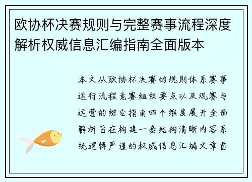 欧协杯决赛规则与完整赛事流程深度解析权威信息汇编指南全面版本