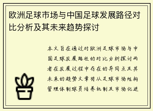欧洲足球市场与中国足球发展路径对比分析及其未来趋势探讨