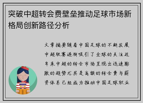 突破中超转会费壁垒推动足球市场新格局创新路径分析